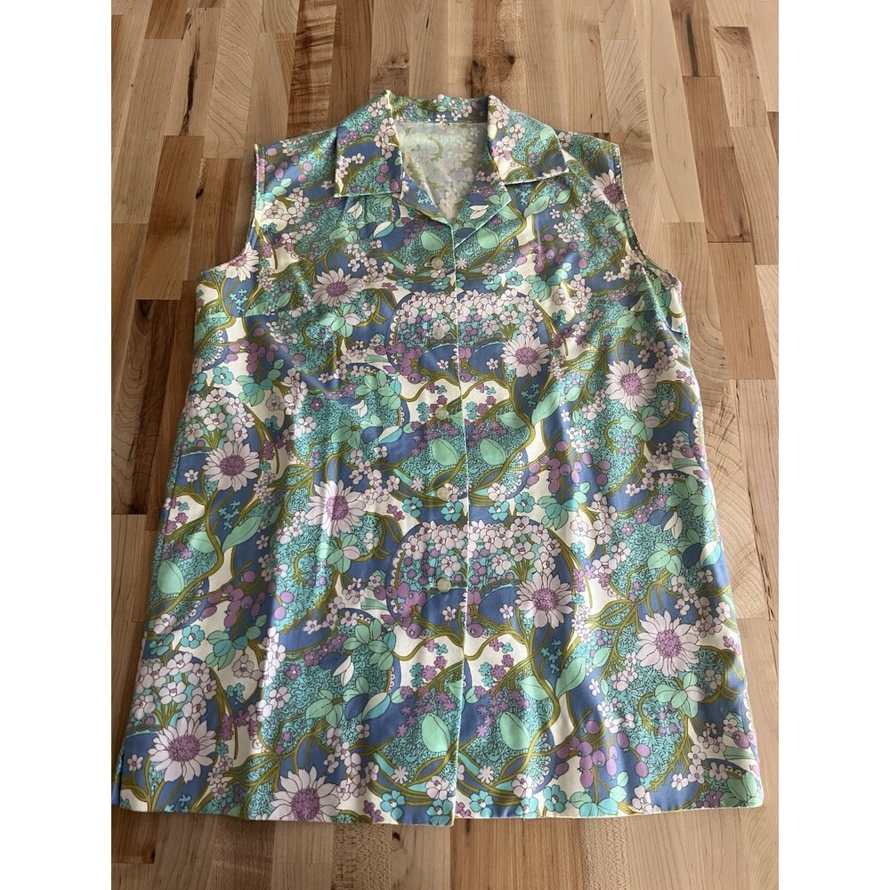 Vintage 60's Sleeveless Collared Blouse Blue Green Purple Flower Power Mod S/M